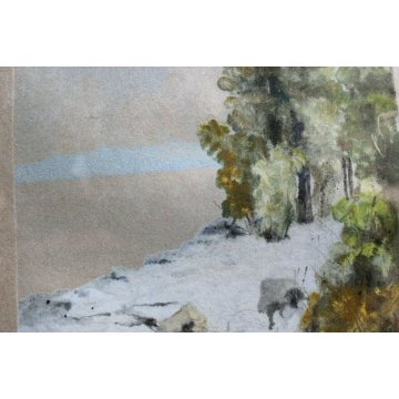 ANTICO QUADRO LITOGRAFIA DISEGNO A.Pollini 1930 ACQUERELLO PAESAGGIO BOSCO NEVE 