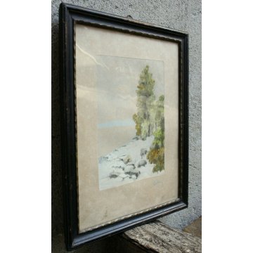 ANTICO QUADRO LITOGRAFIA DISEGNO A.Pollini 1930 ACQUERELLO PAESAGGIO BOSCO NEVE 