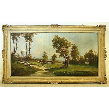 GRANDE QUADRO OLIO TELA Ugo Lombardo PAESAGGIO CAMPAGNA FIGURE PAESE LIGURIA 900