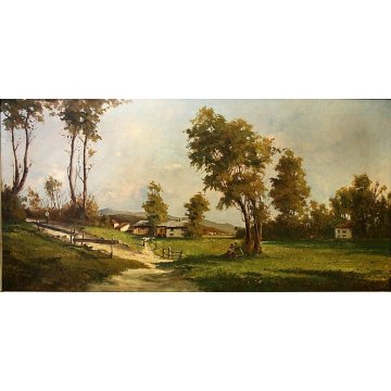 GRANDE QUADRO OLIO TELA Ugo Lombardo PAESAGGIO CAMPAGNA FIGURE PAESE LIGURIA 900