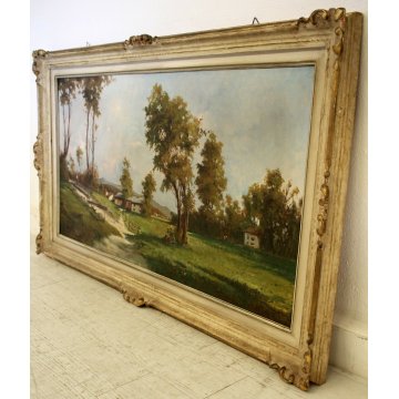 GRANDE QUADRO OLIO TELA Ugo Lombardo PAESAGGIO CAMPAGNA FIGURE PAESE LIGURIA 900