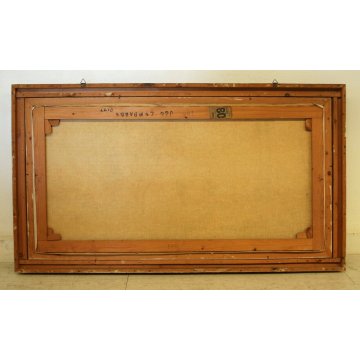 GRANDE QUADRO OLIO TELA Ugo Lombardo PAESAGGIO CAMPAGNA FIGURE PAESE LIGURIA 900