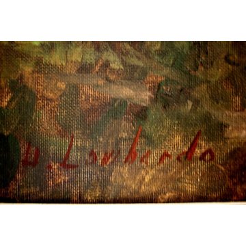 GRANDE QUADRO OLIO TELA Ugo Lombardo PAESAGGIO CAMPAGNA FIGURE PAESE LIGURIA 900