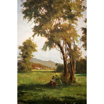 GRANDE QUADRO OLIO TELA Ugo Lombardo PAESAGGIO CAMPAGNA FIGURE PAESE LIGURIA 900