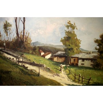 GRANDE QUADRO OLIO TELA Ugo Lombardo PAESAGGIO CAMPAGNA FIGURE PAESE LIGURIA 900