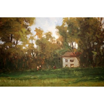 GRANDE QUADRO OLIO TELA Ugo Lombardo PAESAGGIO CAMPAGNA FIGURE PAESE LIGURIA 900
