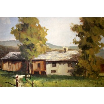GRANDE QUADRO OLIO TELA Ugo Lombardo PAESAGGIO CAMPAGNA FIGURE PAESE LIGURIA 900