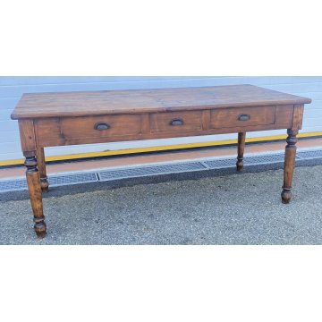 ANTICO TAVOLO PRANZO 1800 ABETE MASSELLO 3 CASSETTI GAMBE TORNITE EPOCA TABLE 