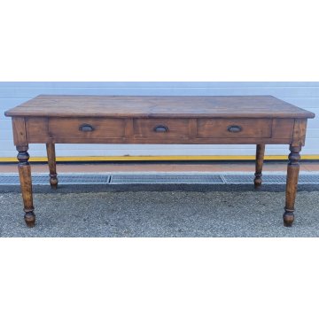 ANTICO TAVOLO PRANZO 1800 ABETE MASSELLO 3 CASSETTI GAMBE TORNITE EPOCA TABLE 