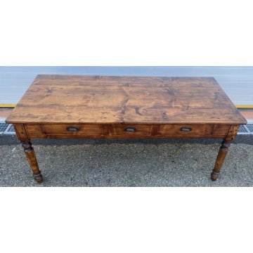 ANTICO TAVOLO PRANZO 1800 ABETE MASSELLO 3 CASSETTI GAMBE TORNITE EPOCA TABLE 