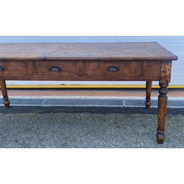ANTICO TAVOLO PRANZO 1800 ABETE MASSELLO 3 CASSETTI GAMBE TORNITE EPOCA TABLE 