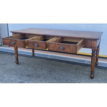 ANTICO TAVOLO PRANZO 1800 ABETE MASSELLO 3 CASSETTI GAMBE TORNITE EPOCA TABLE 