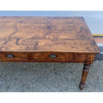 ANTICO TAVOLO PRANZO 1800 ABETE MASSELLO 3 CASSETTI GAMBE TORNITE EPOCA TABLE 