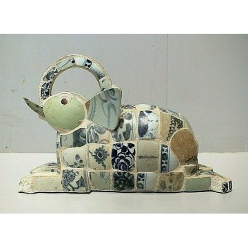 SCULTURA ELEFANTE THAILANDIA DECORO PIASTRELLE ANTICHE BIANCO BLUE & WHITE TILES