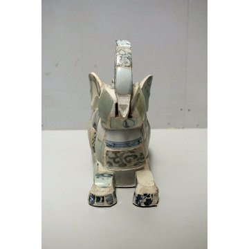 SCULTURA ELEFANTE THAILANDIA DECORO PIASTRELLE ANTICHE BIANCO BLUE & WHITE TILES