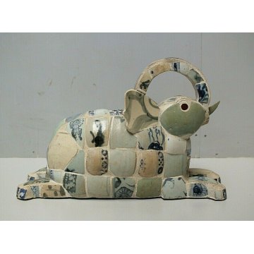 SCULTURA ELEFANTE THAILANDIA DECORO PIASTRELLE ANTICHE BIANCO BLUE & WHITE TILES