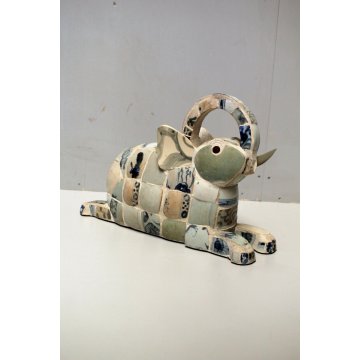 SCULTURA ELEFANTE THAILANDIA DECORO PIASTRELLE ANTICHE BIANCO BLUE & WHITE TILES