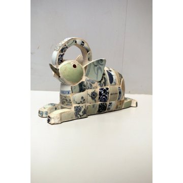 SCULTURA ELEFANTE THAILANDIA DECORO PIASTRELLE ANTICHE BIANCO BLUE & WHITE TILES