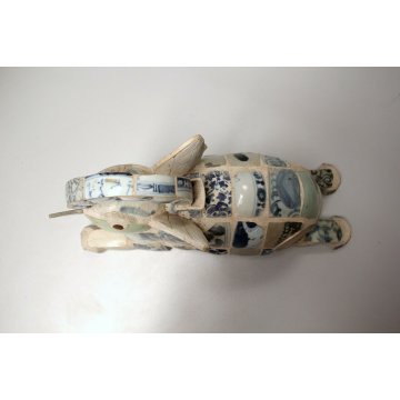 SCULTURA ELEFANTE THAILANDIA DECORO PIASTRELLE ANTICHE BIANCO BLUE & WHITE TILES
