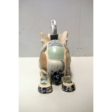 SCULTURA ELEFANTE THAILANDIA DECORO PIASTRELLE ANTICHE BIANCO BLUE & WHITE TILES