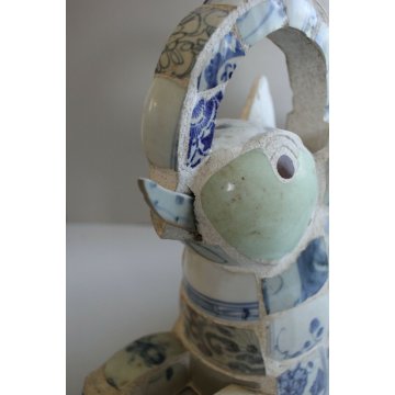 SCULTURA ELEFANTE THAILANDIA DECORO PIASTRELLE ANTICHE BIANCO BLUE & WHITE TILES