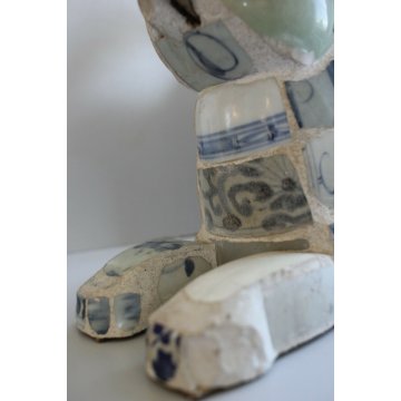 SCULTURA ELEFANTE THAILANDIA DECORO PIASTRELLE ANTICHE BIANCO BLUE & WHITE TILES