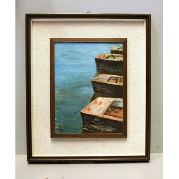 DIPINTO OLIO TAVOLA Vecchi "La calura" MARINA POPPA BARCHE ORMEGGIATE LAGO '900
