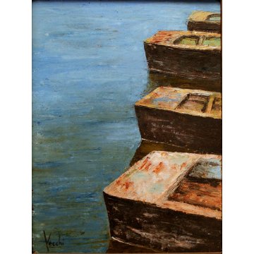 DIPINTO OLIO TAVOLA Vecchi "La calura" MARINA POPPA BARCHE ORMEGGIATE LAGO '900