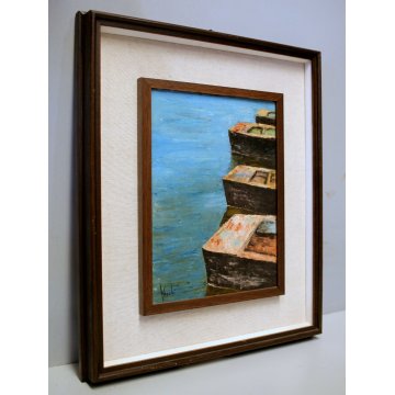 DIPINTO OLIO TAVOLA Vecchi "La calura" MARINA POPPA BARCHE ORMEGGIATE LAGO '900