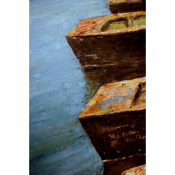 DIPINTO OLIO TAVOLA Vecchi "La calura" MARINA POPPA BARCHE ORMEGGIATE LAGO '900