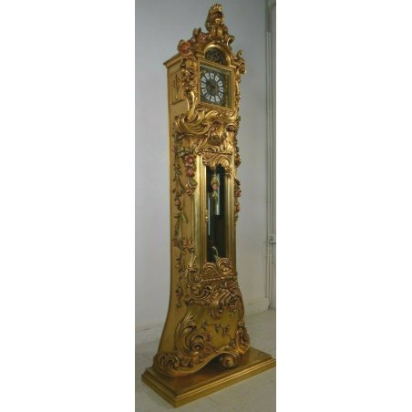 OROLOGIO PENDOLO DA TERRA BAROCCO LACCATO DORATO SCOLPITO FLOREALE 3 PESI OTTONE