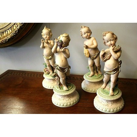 SET 4 PUTTI QUATTRO STAGIONI CERAMICA BISCUIT CAPODIMONTE DIPINTE A MANO 900 OLD