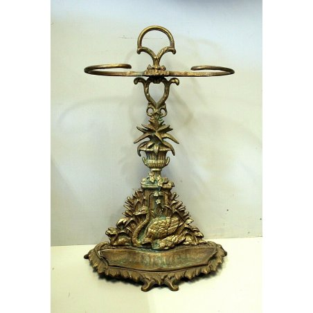 ANTICO PORTAOMBRELLI CIGNO BRONZO PATINA ROBUSTO DECORO BASSORILIEVO MIDCENTURY