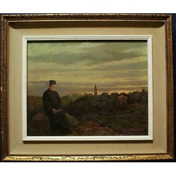 ANTICO QUADRO OLIO TELA G.Colonnello MEDITAZIONE PARROCO PAESAGGIO ALBA TRAMONTO