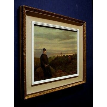 ANTICO QUADRO OLIO TELA G.Colonnello MEDITAZIONE PARROCO PAESAGGIO ALBA TRAMONTO