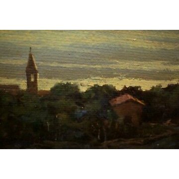 ANTICO QUADRO OLIO TELA G.Colonnello MEDITAZIONE PARROCO PAESAGGIO ALBA TRAMONTO