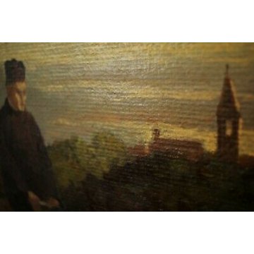 ANTICO QUADRO OLIO TELA G.Colonnello MEDITAZIONE PARROCO PAESAGGIO ALBA TRAMONTO