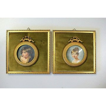 COPPIA DIPINTO RAMINO MINIATURA Dorian RITRATTO FANCIULLI in MEDAGLIONE LIBERTY