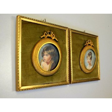 COPPIA DIPINTO RAMINO MINIATURA Dorian RITRATTO FANCIULLI in MEDAGLIONE LIBERTY