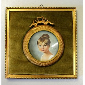 COPPIA DIPINTO RAMINO MINIATURA Dorian RITRATTO FANCIULLI in MEDAGLIONE LIBERTY