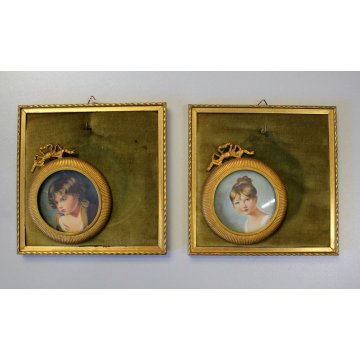 COPPIA DIPINTO RAMINO MINIATURA Dorian RITRATTO FANCIULLI in MEDAGLIONE LIBERTY