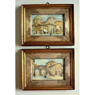 COPPIA DIPINTI MINIATURE OLIO VEDUTA Milano Antica Colonne S.Lorenzo Porta Nuova