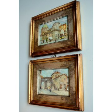 COPPIA DIPINTI MINIATURE OLIO VEDUTA Milano Antica Colonne S.Lorenzo Porta Nuova
