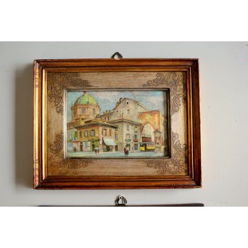 COPPIA DIPINTI MINIATURE OLIO VEDUTA Milano Antica Colonne S.Lorenzo Porta Nuova