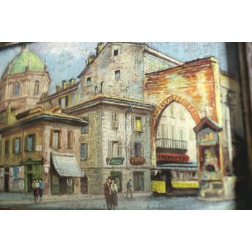 COPPIA DIPINTI MINIATURE OLIO VEDUTA Milano Antica Colonne S.Lorenzo Porta Nuova