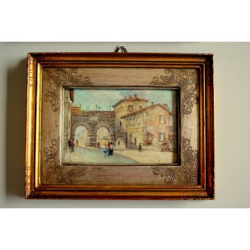 COPPIA DIPINTI MINIATURE OLIO VEDUTA Milano Antica Colonne S.Lorenzo Porta Nuova