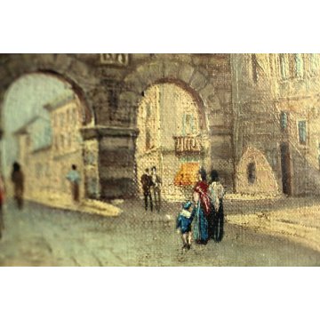 COPPIA DIPINTI MINIATURE OLIO VEDUTA Milano Antica Colonne S.Lorenzo Porta Nuova