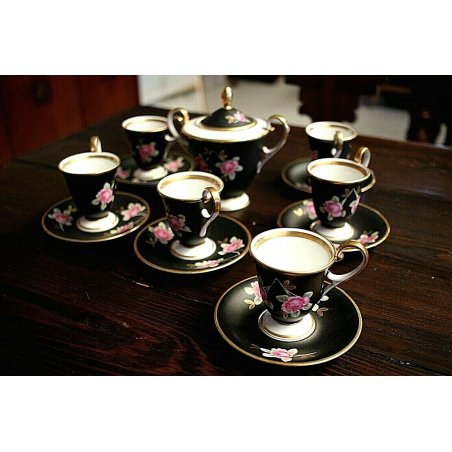 SERVIZIO CAFFE' PORCELLANA Sevres 6pers DECORO FIORI ORO ZECCHINO VINTAGE 50/60s