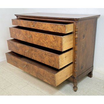 ANTICO COMO LUIGI XV 1800 LEGNO RADICA NOCE LASTRONATO 4 CASSETTI CASSETTONE OLD