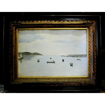 ANTICO QUADRO DIPINTO OLIO MICHETTI PAESAGGIO MARINA PESCATORI BARCHE PORTO NAVE